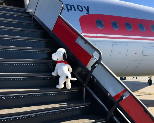 Snoopy Stuffed Animal at Airplane Boarding Stair