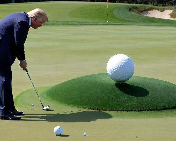 Man in suit preparing to putt on whimsical golf course