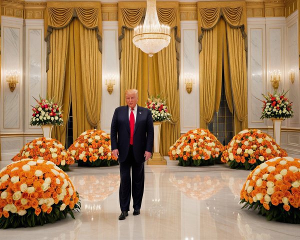 Luxurious Room with Man in Suit and Floral Arrangements