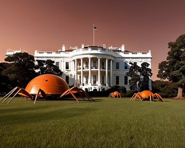 White House with Stylized Spider Structures and Orange Sky