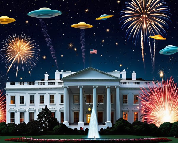 White House Night Scene with UFOs and Fireworks