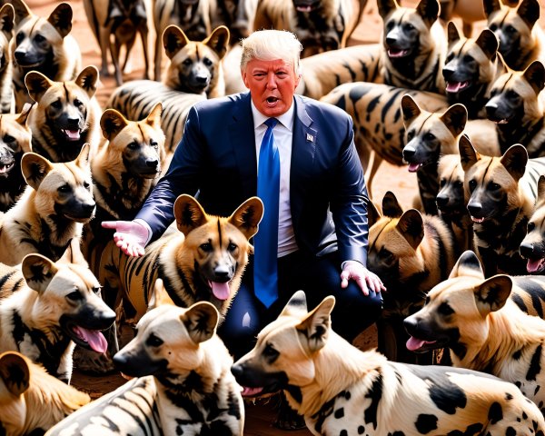 Businessman Surrounded by Wild Dogs in Unique Setting