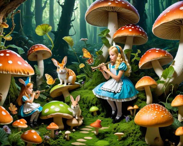 Whimsical Forest Scene with Girls and Colorful Mushrooms