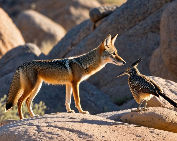 Coyote and Roadrunner in Desert Landscape Scene