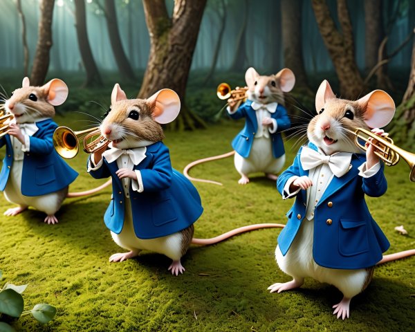 Mice in Tuxedos Playing Trumpets in Forest Clearing