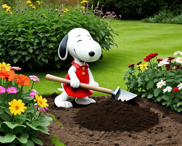Cheerful cartoon dog digging in a vibrant garden