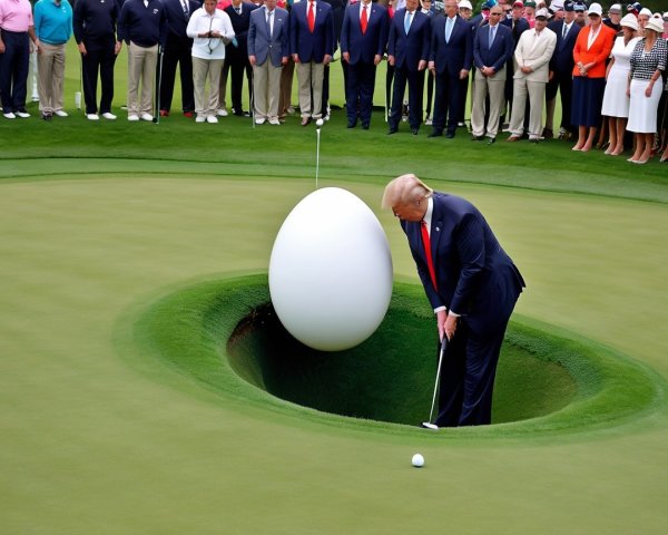 Whimsical Golf Scene with Oversized Egg and Crowd