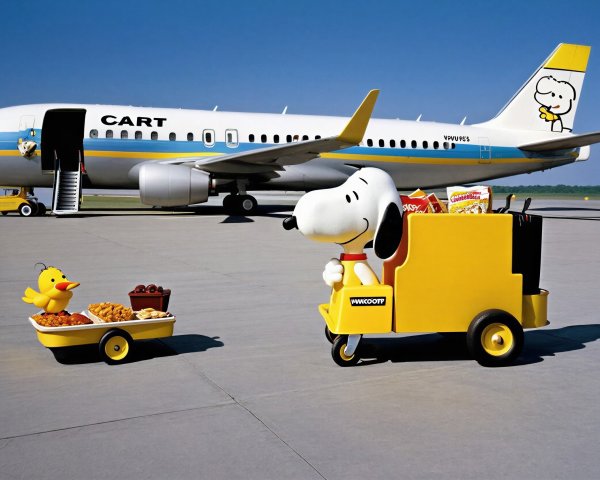 Snoopy Character in Yellow Truck at Airport Scene