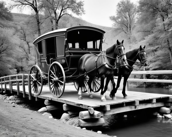 Black and white scene of a horse-drawn carriage