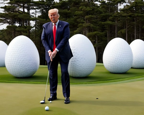Man in Suit Putting on Golf Course with Large Eggs