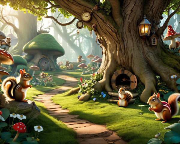 Whimsical Forest Scene with Vibrant Nature Elements