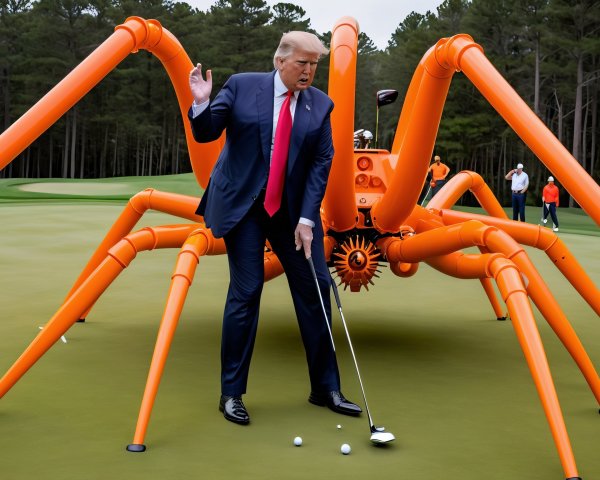 Man in Suit on Golf Course with Spider Sculpture