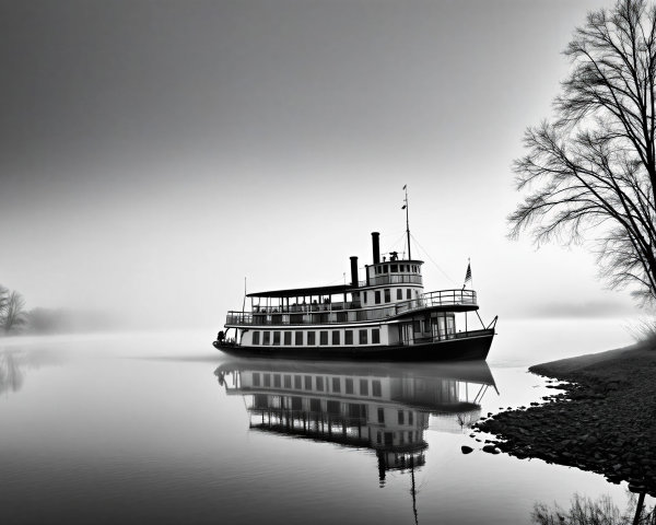 Vintage steamboat anchored on a misty river scene