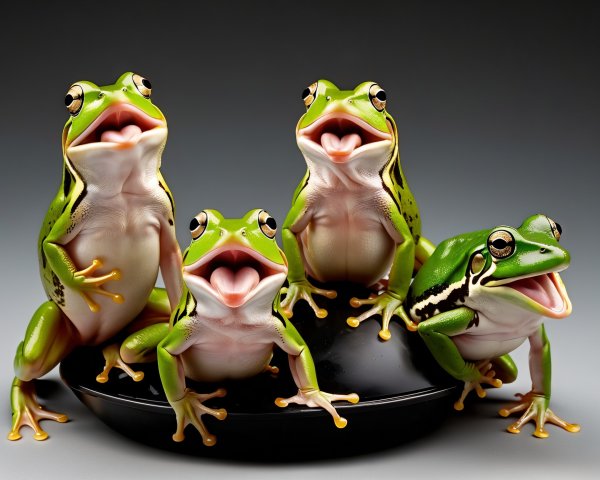 Cheerful Green Frogs on Glossy Black Surface