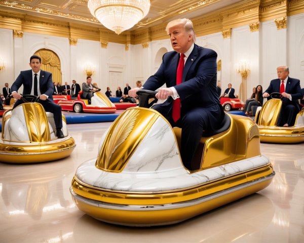Bumper Cars in Ornate Hall with Golden Chandeliers