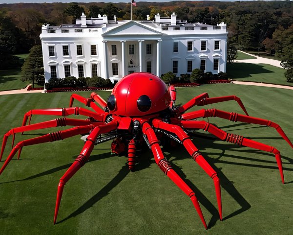 Giant Red Robotic Spider on Lawn of Grand Building
