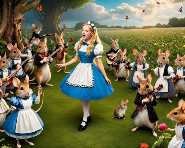 Whimsical Meadow Scene with Singing Girl and Mice