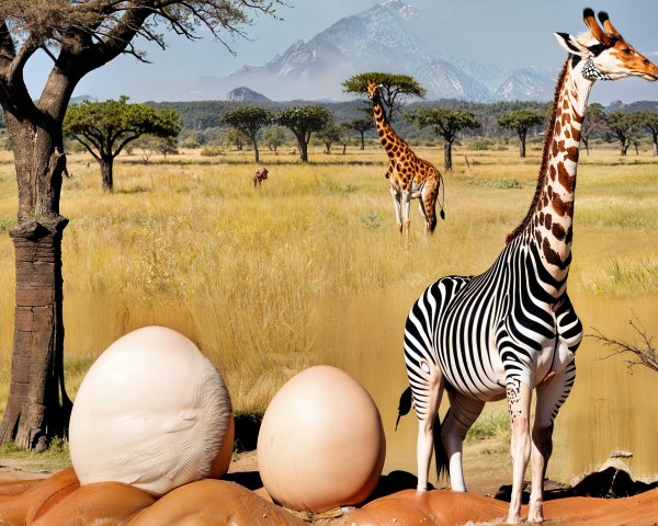 Zebra and Eggs in a Vibrant Savanna Landscape