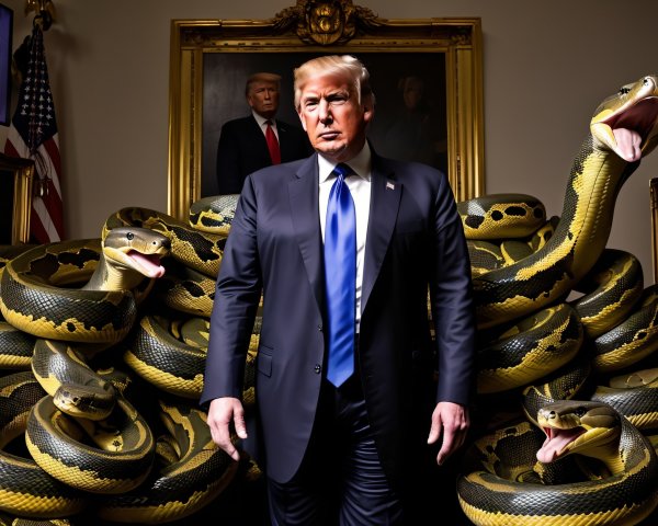 Man in Suit Surrounded by Snakes and Portraits
