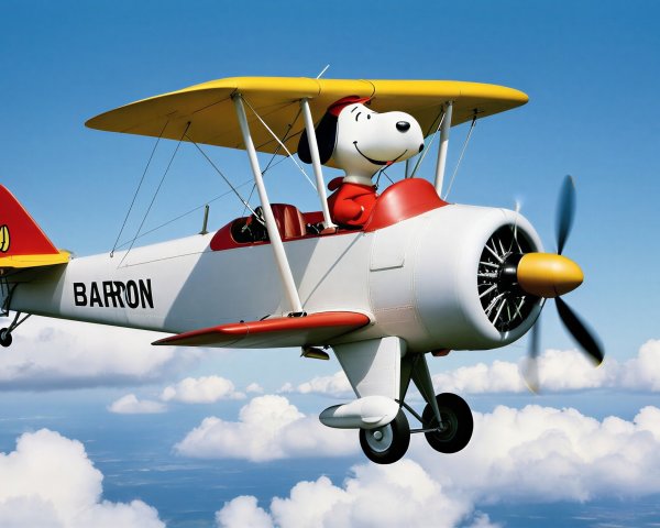 Cartoon Dog Pilots Vintage Biplane in Blue Sky