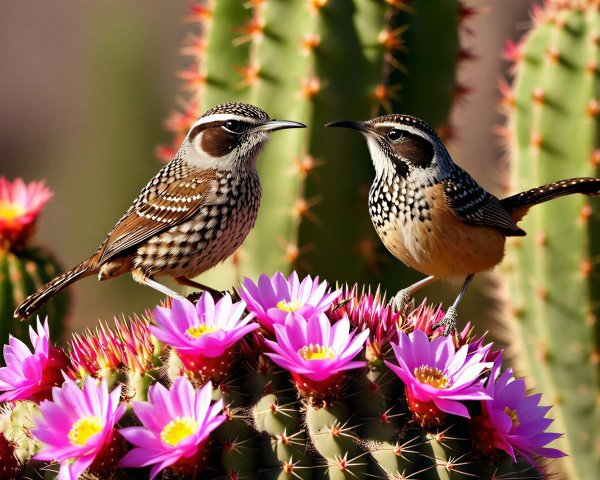 Cactus Wrens on Vibrant Cactus with Colorful Blooms