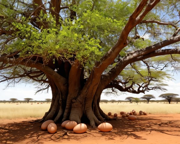 Majestic tree shading brownish-orange eggs in grasslands