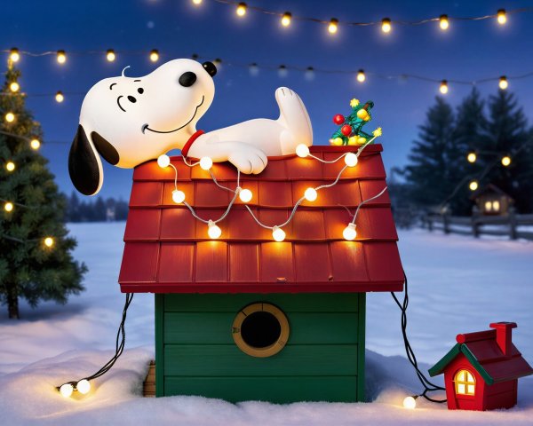 Cartoon Dog on Colorful Doghouse in Winter Scene
