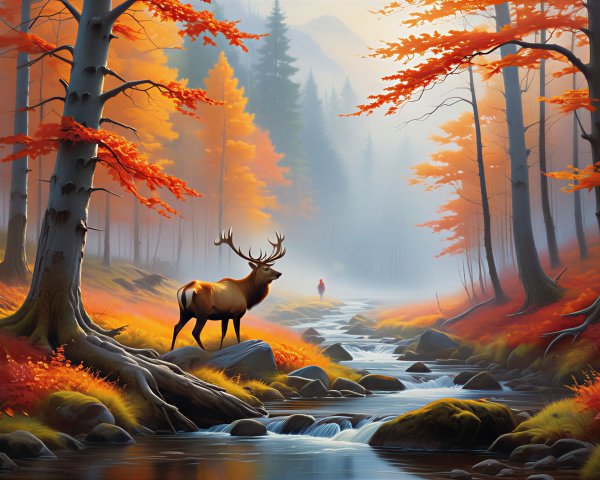 Autumn Landscape with Stag and Misty Forest Scene