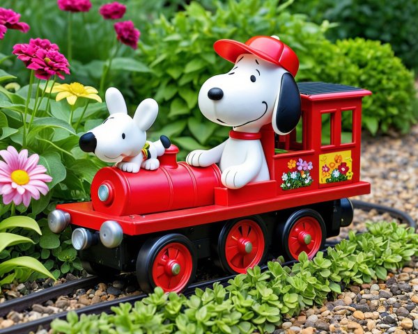 Cheerful Red Toy Train with Dog Characters in Garden