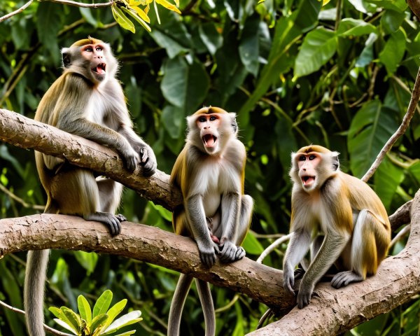 Monkeys on a Branch in Lush Green Foliage