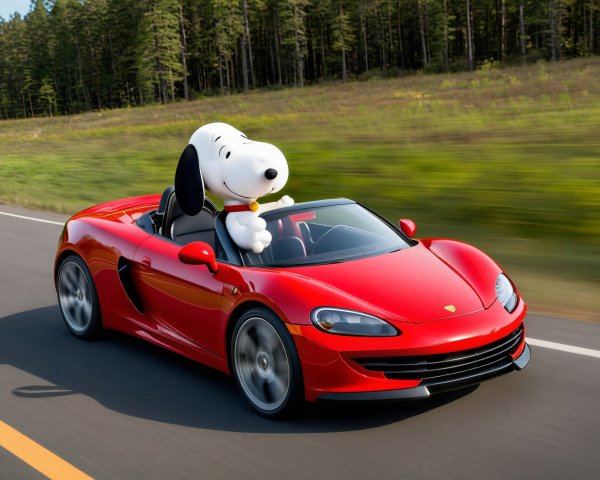 Snoopy in a Red Convertible on a Scenic Highway