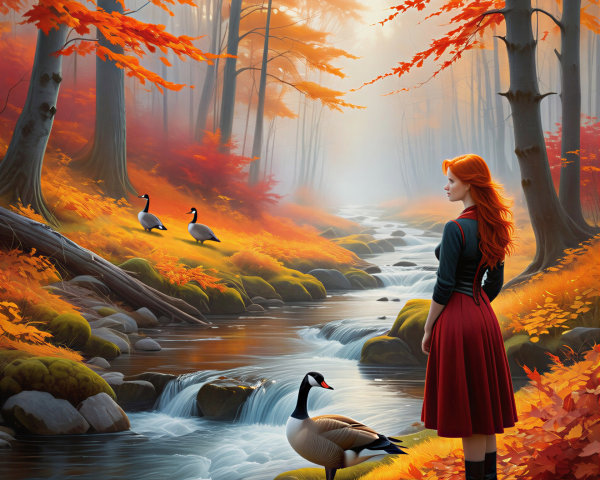 Autumn Landscape with Woman by a Babbling Stream