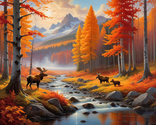 Autumn Landscape with Stream and Moose in Foliage