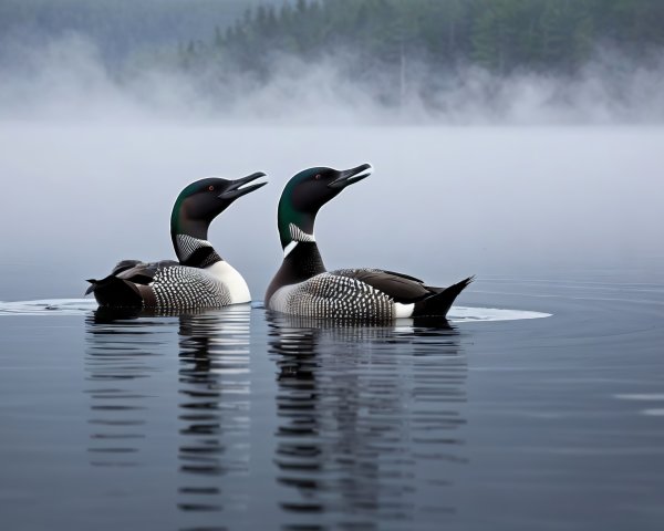 Elegant loons on a misty, serene lake at dawn