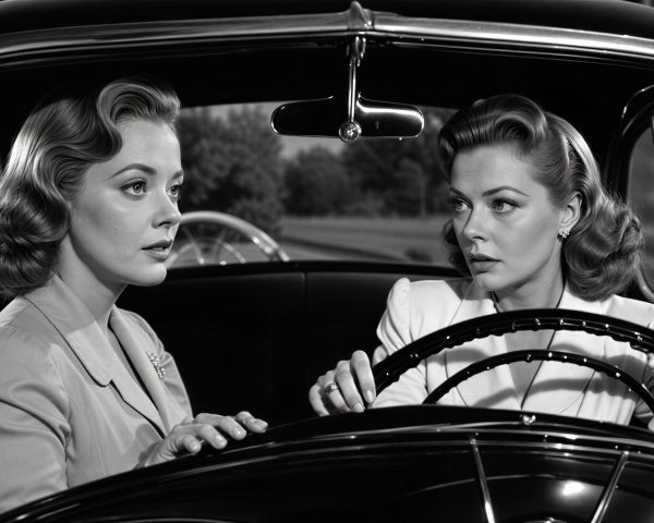 Stylish Women in Classic Car Captured in Black and White