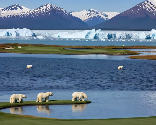 Tranquil Golf Course with Polar Bears and Mountains