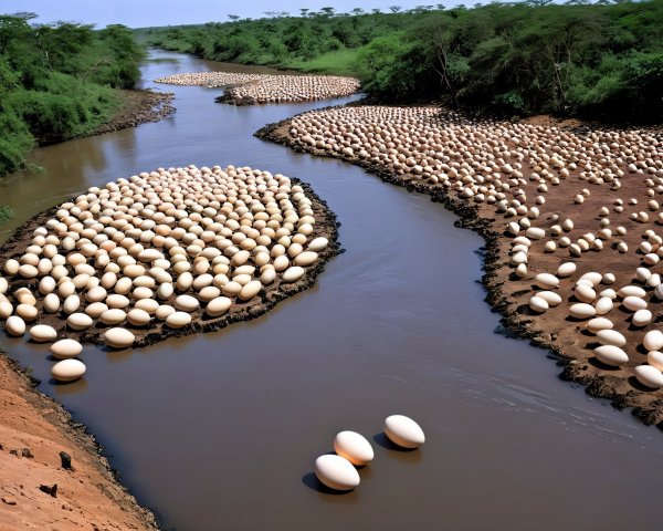 River with Pale Eggs in Lush Green Landscape