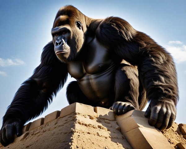 Giant gorilla on sandcastle under blue sky backdrop