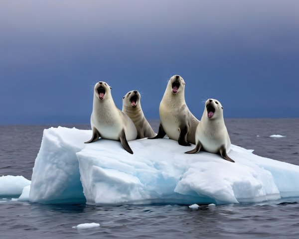 Playful Seals on Ice in a Dramatic Ocean Setting