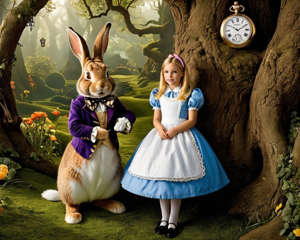 Rabbit in Purple Jacket with Girl in Blue Dress