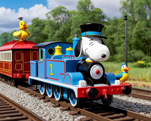 Whimsical Train Scene with Cartoon Animals and Nature
