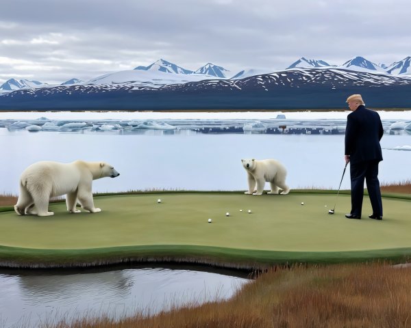 Surreal Golf Scene with Polar Bears and Mountains