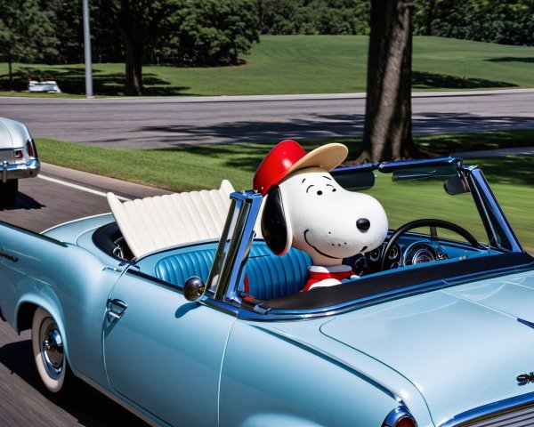 Cartoon Dog Driving Vintage Convertible on Scenic Road