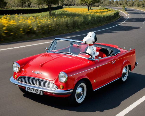 Vibrant Red Convertible with Cartoon Dog on Scenic Road