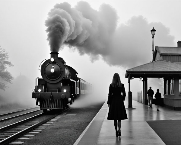 Vintage steam train at a misty station with figures