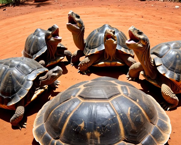 Group of Five Turtles in Circular Formation on Surface