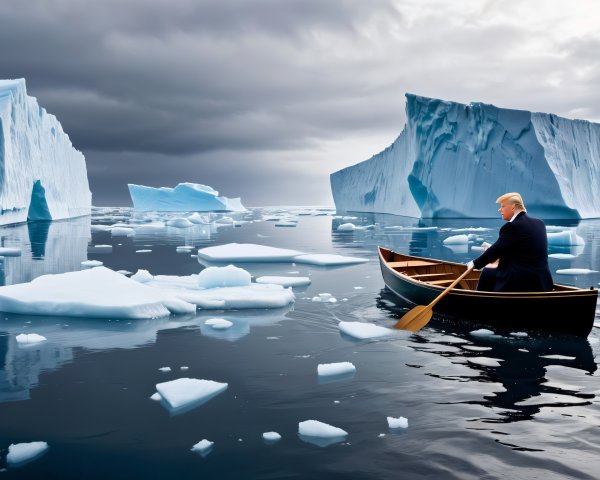 Man in formal attire rowing a boat among icebergs