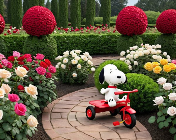 Cartoon Dog on Tricycle in Colorful Garden Scene