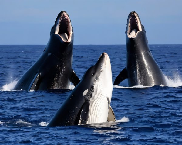 Orcas Breaching in Shimmering Ocean Waters