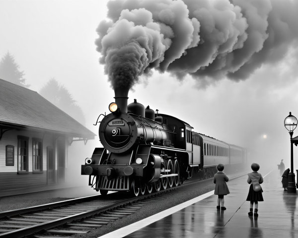 Vintage steam locomotive at misty train station
